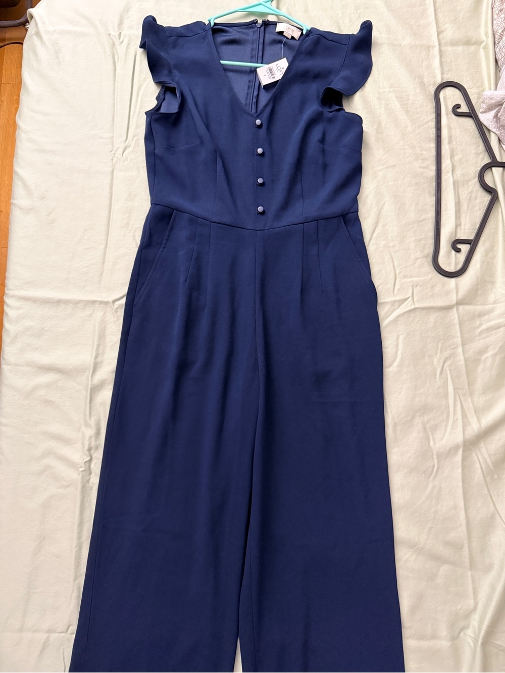 LOFT Navy Button-Front Ruffle Sleeve Jumpsuit